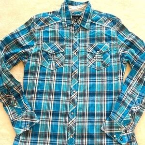 Buckle Black Sz M Athletic fit Turquoise Plaid Pearl Snap Button Up Shirt  NWOT